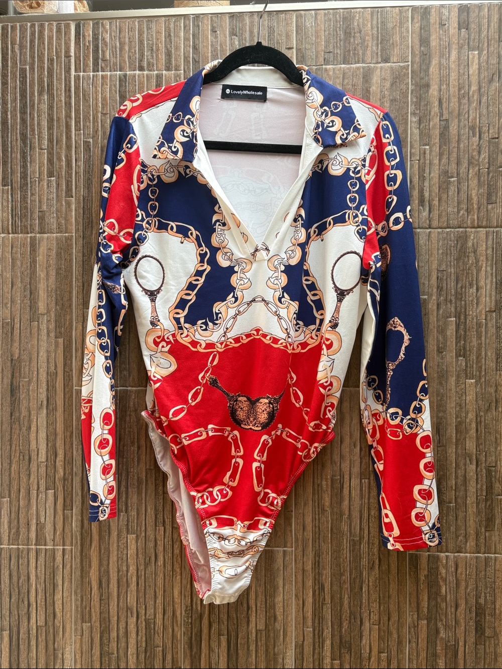 Women’s Long-Sleeve Chain Print Bodysuit in Red, Navy & Cream